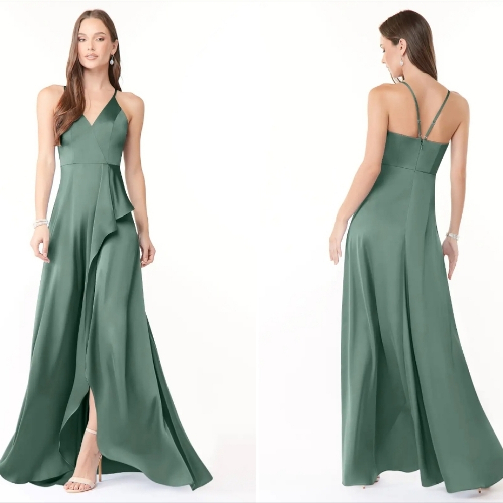 Azazie Green Ruffled Slit Gown Bridesmaide or Prom EUC SIZE 6